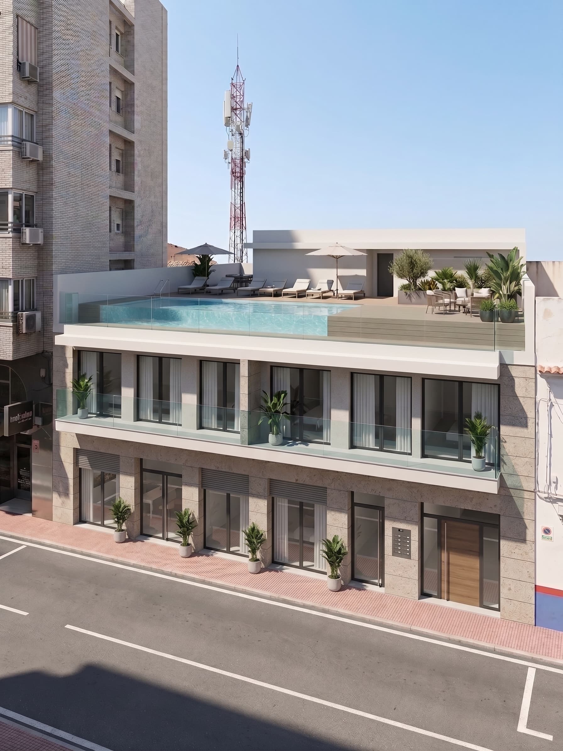Recreación del edificio de dos plantas con piscina en la terraza solárium
